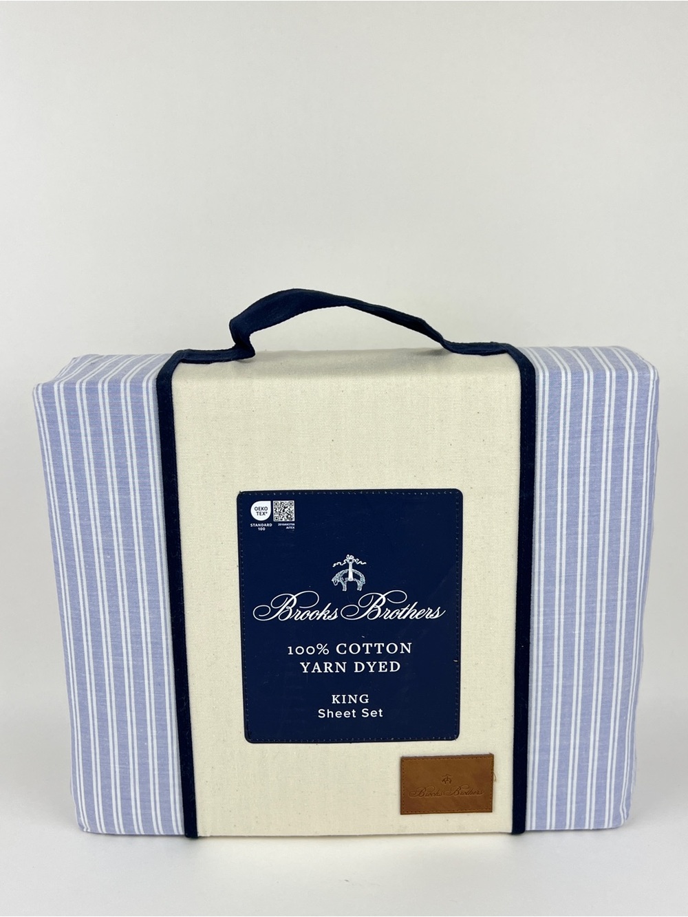 Brooks Brothers King Sheet Set Blue White Striped Cotton Yarn Dyed 4 Pc Set NEW